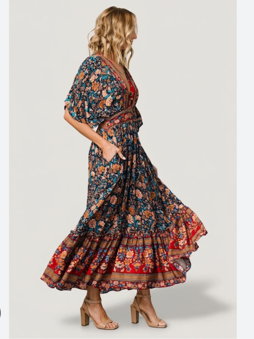 Baltic Born Navy Multi Floral V-Neck Midi Dress - Picture 2 of 6
